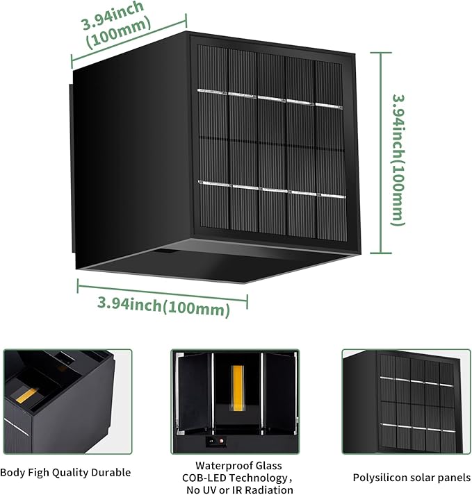 LANFU Solar Powered Motion Sensor Square Outdoor Wall LightsBlack Modern Up and Down Wall Lamps 10WIP65 Waterproof Warm White 3000K Wall Sconce Light Exterior for FenceGarden