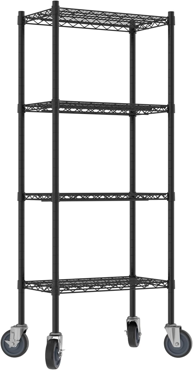 Commercial NSF Listed Black Epoxy Mobile Wire Shelving Kit 14 x 24 x 60 with 4 Shelves Perfect for Warehouse Walk-in Refrigerator Freezer Grocery Store Restaurant Dishroom
