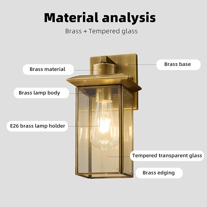 Brass Outdoor Wall Light Fixtures Exterior Waterproof Lanterns Porch Wall-Mounted Lights with E26 Socket and Glass Shade – Modern Rustproof Wall Sconces for Yard Front Door &amp Entryway.2-Pack
