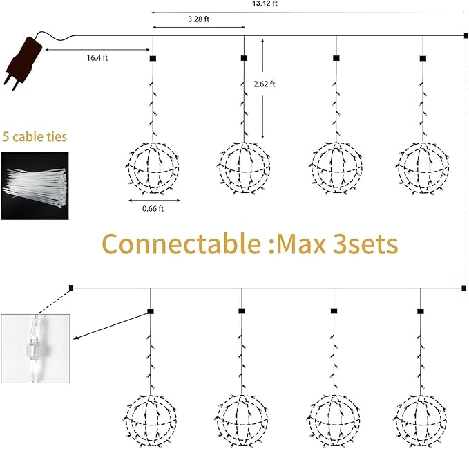 Outdoor Christmas Balls Lights Tree Lights Waterproof 4 Pack 7.87 LED Hanging Globe Sphere Lights with 8 Lighting Modes Memory Timer Plug for Party Wedding Xmas Porch Patio Garden Yard Decorations
