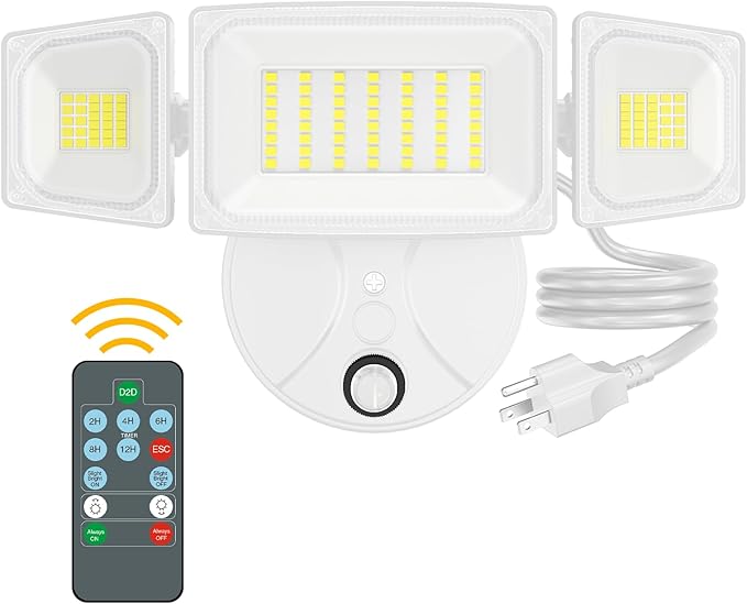 Onforu Plug in Flood Light60W 6000LM Dusk to Dawn Outdoor Lightingwith RemoteIP65 Waterproof3 Adjustable Heads Light for Garage Yard