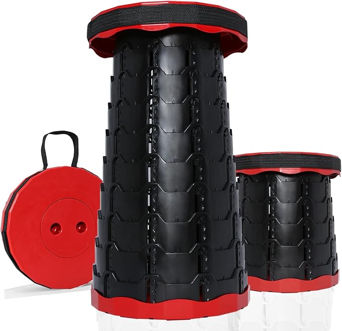 Upgraded Foldable Collapsible Stool 400LBS - Portable Adjustable Height Folding Seat for Outdoor Camping Hiking BBQ Gatherings (Black and Red)