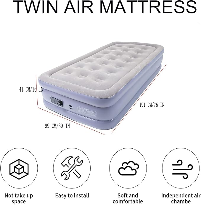 Twin Air Mattress Bed with Built in Pump16 Inches High Airbed Inflatable MattressComfort Thickened Blow Up Air BedTravel Sleeping Pad for Guests Home (Twin Size)