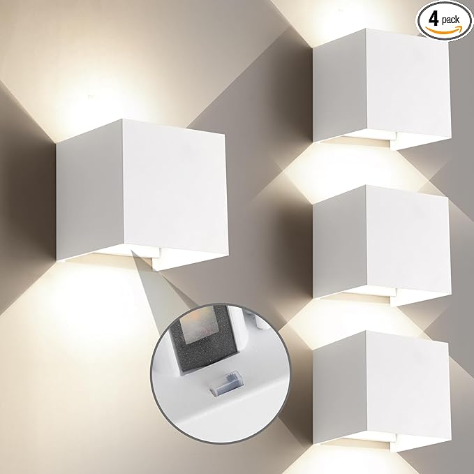 Outdoor Wall Sconce Lights &amp Indoor Wall SconcesETL Listed White Square Wall Lights3-Color-Temperature Selectable4.33-Inch15W Up and Down Lights Outdoor Porch Lights Waterproof Light(4 Pack)