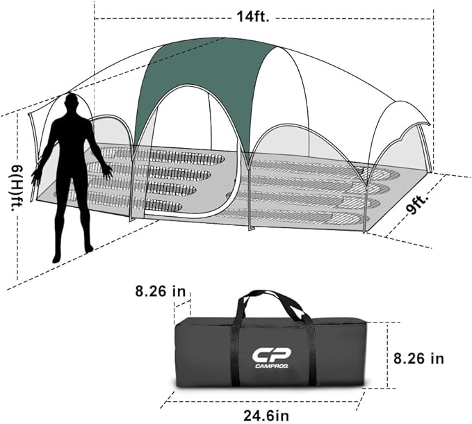 CAMPROS CP Tent 8 Person Camping Tents Weather Resistant Family Tent 5 Large Mesh Windows Double Layer Divided Curtain for Separated Room Portable with Carry Bag