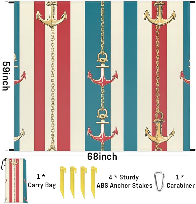Waterproof Sandproof Beach Blanket 59''×68'' Ocean Anchor Pattern Polyester Outdoor Picnic Blanket with 4 Stakes &amp Storage Bag for BeachCampingVacation
