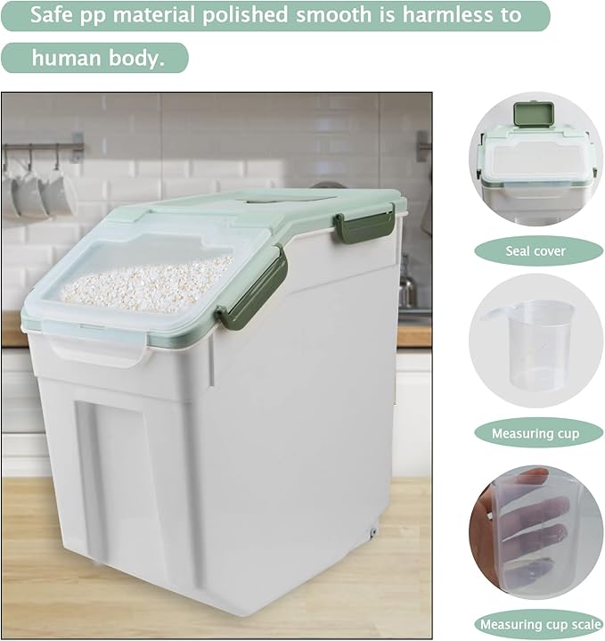 2 Pack Rice Storage Container with Measuring Cup 50 lb Flour Storage Container with Wheels BPA Free Food Storage Container Dog Cat Food Bin Set for Dry Food Sugar Cereal(Green)