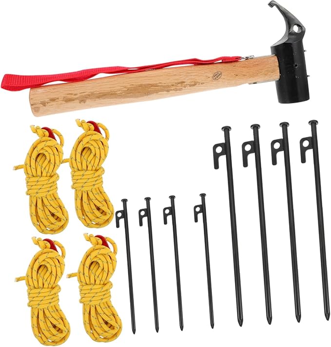 Camping Peg Hammer Set with Wood Handle and Steel Head Multifunction Tent Stake Tool Kit for Ground Nail Fixing and Outdoor Shelter Setup