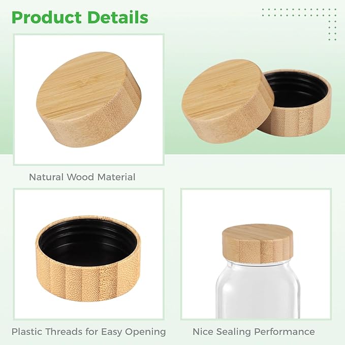 Wooden Jar Lids with Natural Wood 48 Pcs Storage Can Lids with Round Bottle Reusable Leak-Proof Fine Sealing Lids for 6 Oz 4 Oz Spice Jars