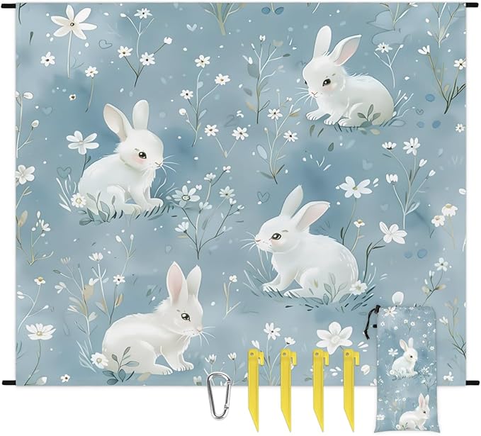 Waterproof Sandproof Beach Blanket 59''×68'' Garden Rabbit Polyester Outdoor Picnic Blanket with 4 Stakes &amp Storage Bag for BeachCampingVacation White