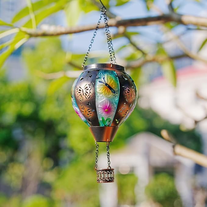 DREAMSOUL Butterfly Hot Air Balloon Solar Lantern Glass &amp Metal Outdoor Lantern Hanging Solar Lanterns Outdoor Waterproof for Garden Patio Party