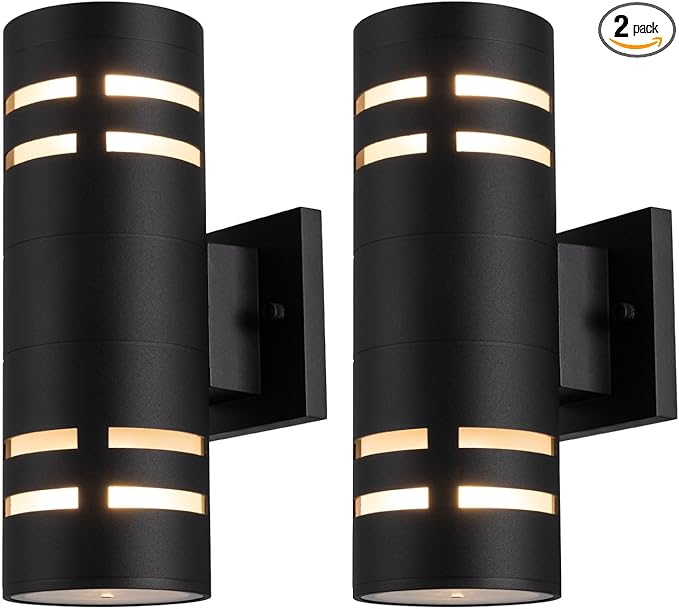 mirrea 12in Modern Outdoor Porch Light Patio Light in 2 Lights with Aluminum Cylinder and Tempered Glass Cover Waterproof Wall Sconce Matte Black 2 Pack