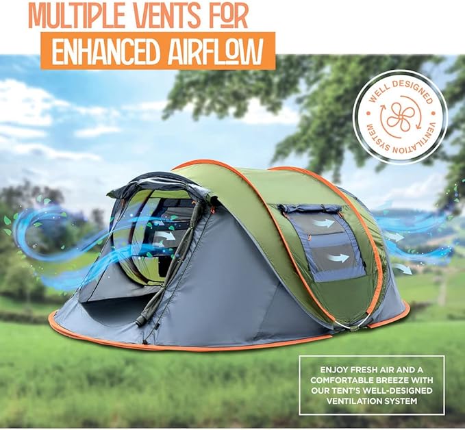 4 Person Pop Up Tent for Camping - Lightweight &amp Portable Easy Quick Set-Up 2 Doors Lantern Hook Storage Pockets Carry Bag for Outdoor Hiking Travel