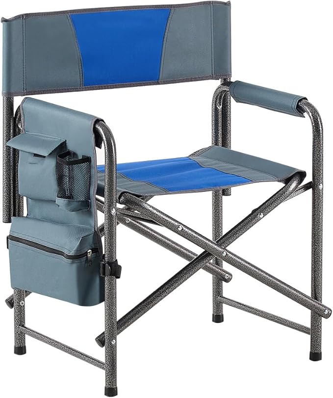 Lightweight Oversized Outdoor ChairPadded Folding Chairwith Side Table and Storage Pockets for IndoorOutdoor CampingPicnicsFishingBlue+Grey