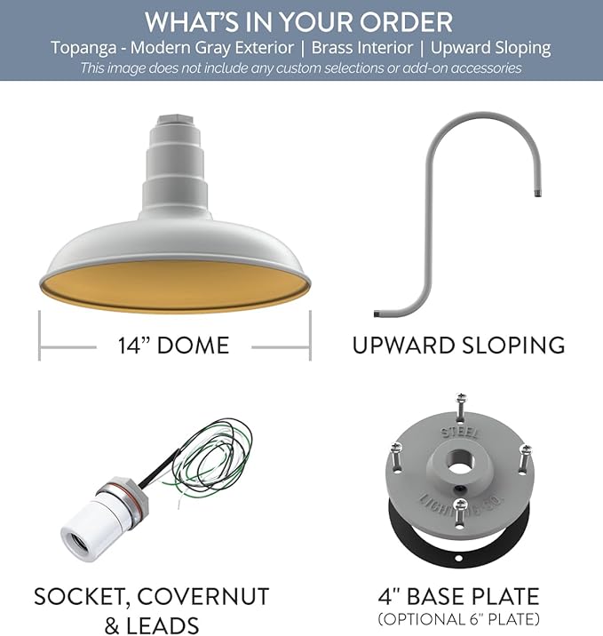 Steel Lighting Co. Topanga Barn Light | Outdoor Wall Mounted | 14 inch Dome | Upward Sloping Gooseneck | Farmhouse Garage Light Made in America | Modern Gray Exterior/Brass Interior