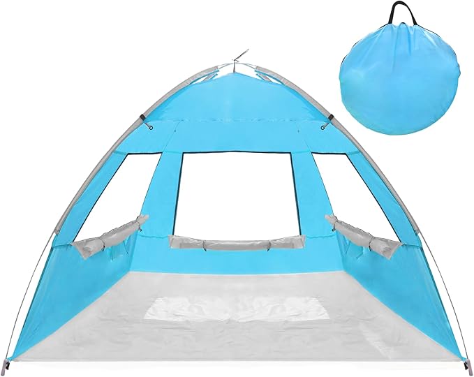 2 Person Pop Up Beach Tent Anti-UV Beach Shelter Easy Step Up 3 Mesh Windows and 6 Sandy Bags Keep Your Beach Trip Cool(Light Blue)