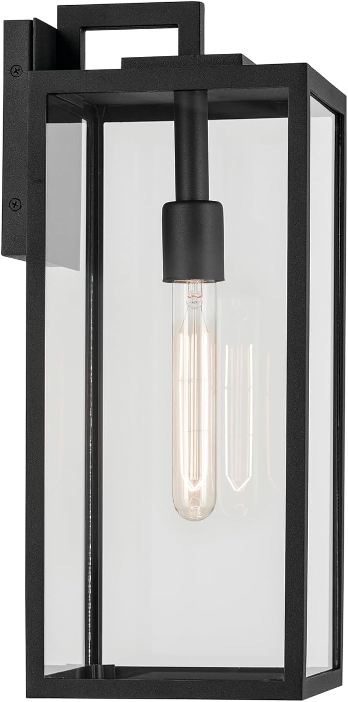 Kichler Branner 1-Light Textured Black Luxe Updated Traditional Outdoor Wall Light with Clear Glass for Outdoor Walls Exterior Doors Garage Porch or Patio Walls 17.75