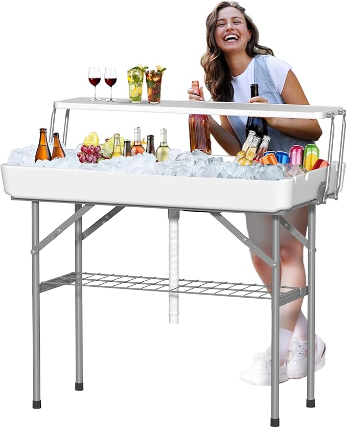 Ice Cooler Table with Drain Two-Tier Plastic Folding Tables with Removable Matching Skirt and Shelf Indoor Outdoor Use for Party Camping Picnic Fishing Cleaning 440 lbs Capacity