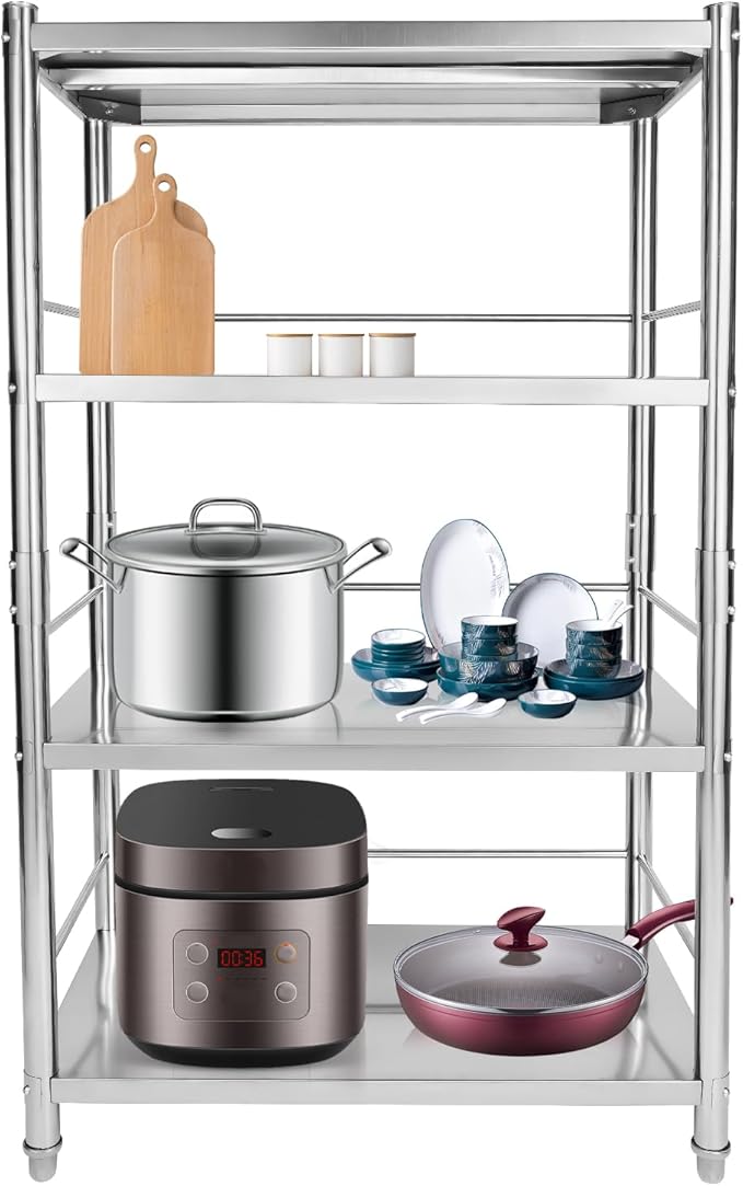 Stainless Steel Shelving 4 Tier Utility Bakers Racks Adjustable Shelf Storage Heavy Duty Shelving for Kitchen Commercial Office Garage Storage Laundry Room Organization (4-Tier 31*18*52in)