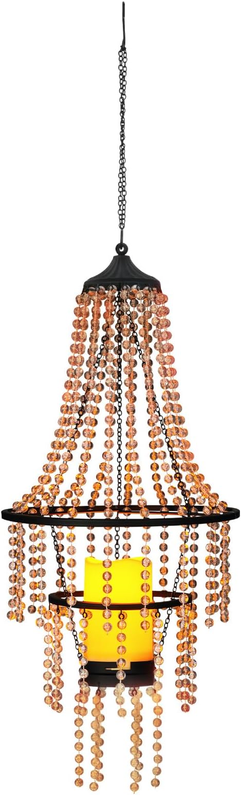Hanging Candle Chandelier Outdoor Battery Operated Clear Acrylic Beaded Chandelier with Flickering Led Candle Light S Hooks Modern Lantern for Garden Yard Patio Gazebo Room Indoor Decorations 28”H