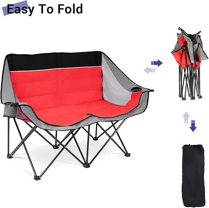 Double Camping Chair Outdoor 2-Seater Oversized 2 Person Portable Folding Lawn Chair with Cup Holders &amp Mesh Storage Pocket for Picnic Camping Beach Sports Hiking