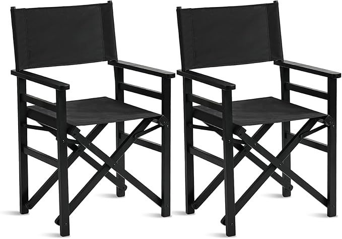 VINGLI 18.5 Folding Directors Chair Set of 2 with Solid Wood Frame &amp Beige Canvas Durable Portable for Outdoor Patio Camping Use Black
