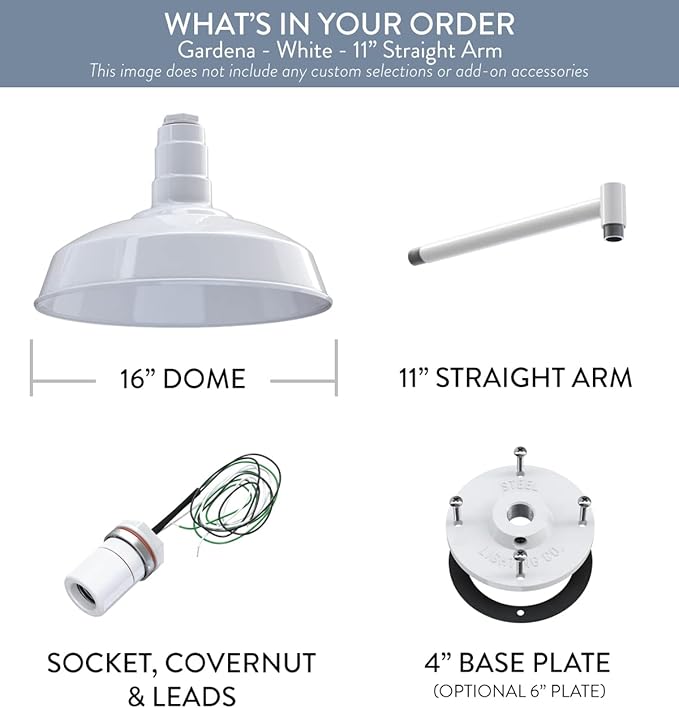 Steel Lighting Co. | Dusk to Dawn | Gardena Barn Light | Outdoor Wall Mounted | 16 Dome | 11 Straight Arm | Farmhouse Light Made in America | White Exterior/White Interior