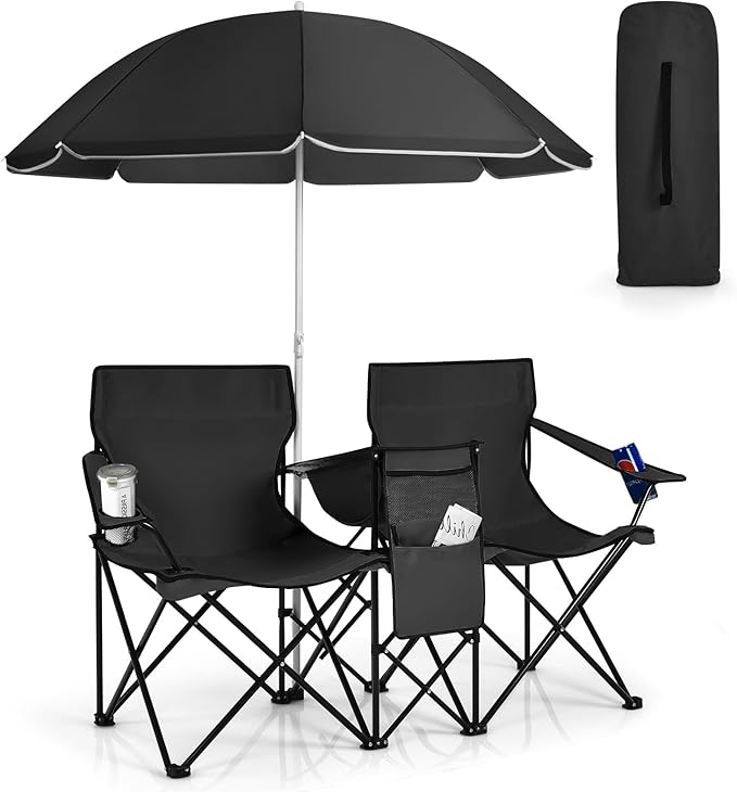 KOTEK Double Camping Chair Folding Camp Chair with Removable Umbrella Cup Holders Cooler Bag Side Pocket &amp Carry Bag 2-Person Beach Chair for Outdoor Sports Concerts Travel Picnic (Black)