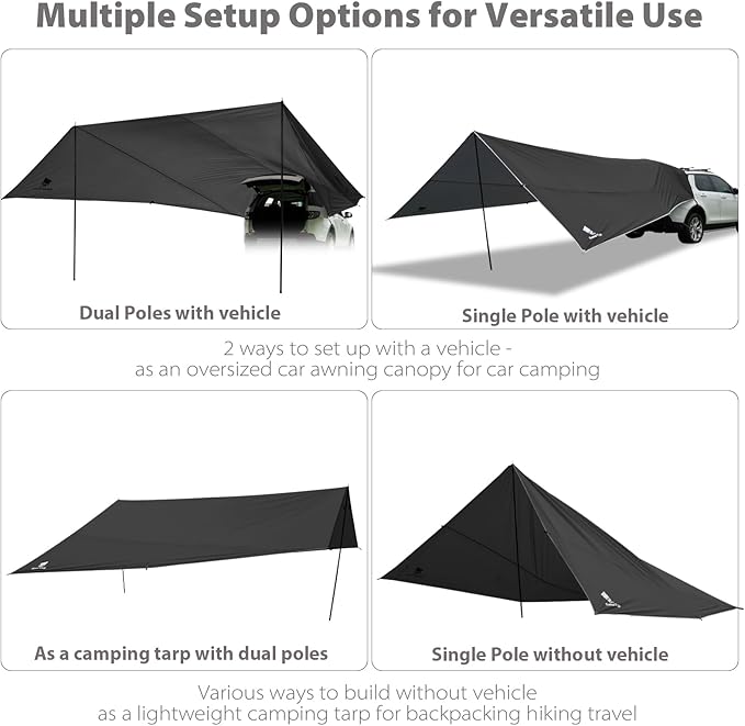 GEERTOP Large Car Awning Tarp for Camping Backpacking Tarp SUV Tailgate Truck Canopy Sun Shade Waterproof Outdoor Rear Vehicle Awning Shelter for Van MPV Campers