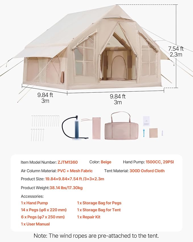 VEVOR Inflatable Tents for Camping Easy Setup Blow up Tent with Hand Pump 4 Season Glamping Tent with Stove Jack Doors &amp Mesh Windows Storage Bag Included for Easy Taking