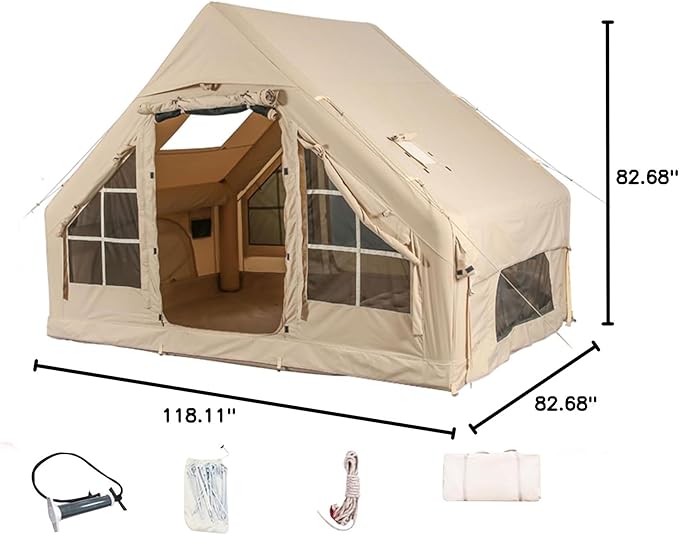 Inflatable Camping Tents with Hand Pump Air Glamping Tents Easy Setup Waterproof and Windproof Blow up Tent 4 Seasons Oxford Cabin Tent with Mesh &amp Chimney Window.
