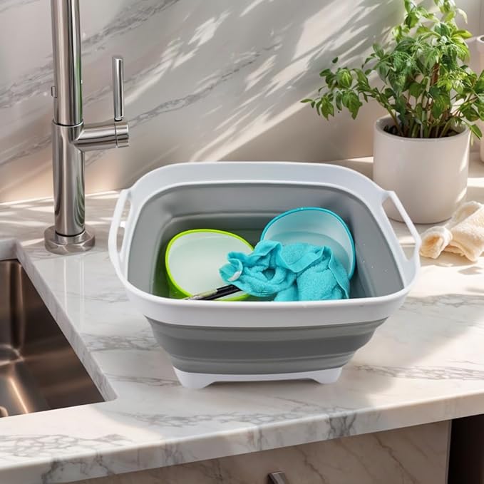 SAMMART 7.5L (2 Gallons) Collapsible Dishpan with Draining Plug - Foldable Washing Basin - Portable Dish Washing Tub - Space Saving Kitchen Storage Tray (White/Grey 1)