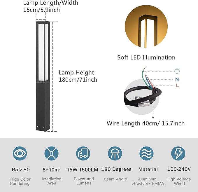 High 71 Inches Landscape Path Light Outdoor Modern Luxury LED IP54 Waterproof Landscape Bollard Lighting for Lawn Patio Courtyard Driveway Pathway Decoration with High Voltage Wired