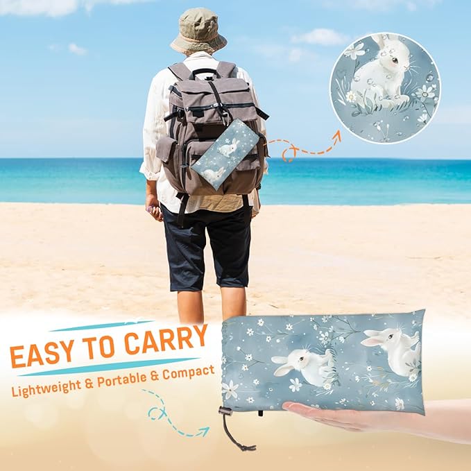 Waterproof Sandproof Beach Blanket 59''×68'' Garden Rabbit Polyester Outdoor Picnic Blanket with 4 Stakes &amp Storage Bag for BeachCampingVacation White