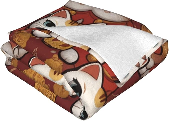 Lucky cat 60x50 Printed Soft Fleece Blanket for Sofa Bed and Camping - Cozy Blanket for Travel Picnics Nighttime Use