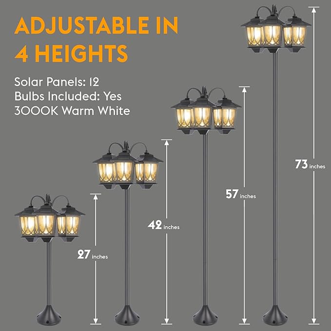 3-Head Solar Lamp Post Light 73 Solar Lights Outdoor Waterproof 60Lm 3000K Pathway Lights for Garden Lawn Yard