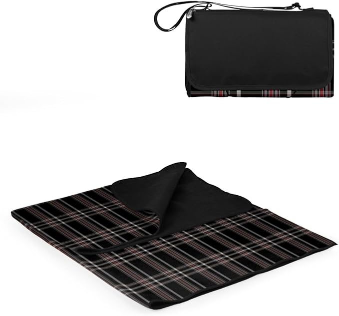 PICNIC TIME Outdoor Picnic Blanket Tote 59x51 Foldable Beach &amp Camping Blanket with Soft Fleece Water-Resistant Bottom Adjustable Strap &amp Zippered Pocket (Black Tartan Black Flap)