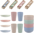28pcs Portable Wheat Fiber Dinnerware Set Plates Bowls Cups Forks and Spoons – Reusable Lightweight Tableware for Camping Breakfast and Outdoor Use