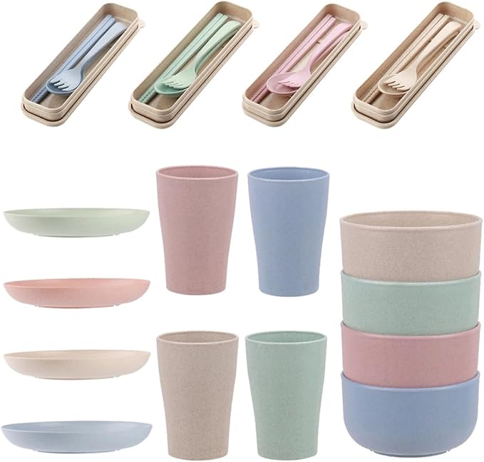 28pcs Portable Wheat Straw Cutlery Set with Plates Bowls Cups and Chopsticks Household Dinnerware for Camping and Home Use Food-safe Eco-friendly Tableware