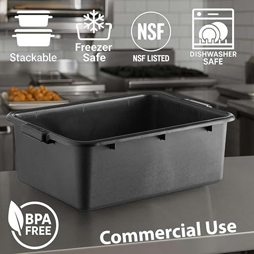 3-Pack 20 x 15 x 7 Commercial Bus Tub/Bus Box - 9 Gallons without Lid - Stackable Dish Storage Boxes for Home Kitchen Pantry or Garage Organization – Heavy-Duty and Freezer-Safe - Black