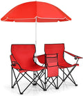 Giantex Double Camping Chair with Umbrella - Folding Picnic Loveseat with Carrying Bag Cooler Bag Table Side Pocket &amp Cupholder Portable Beach Chair for Camping Picnic Fishing Beach