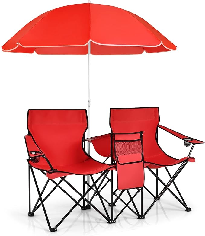 Giantex Double Camping Chair with Umbrella - Folding Picnic Loveseat with Carrying Bag Cooler Bag Table Side Pocket &amp Cupholder Portable Beach Chair for Camping Picnic Fishing Beach