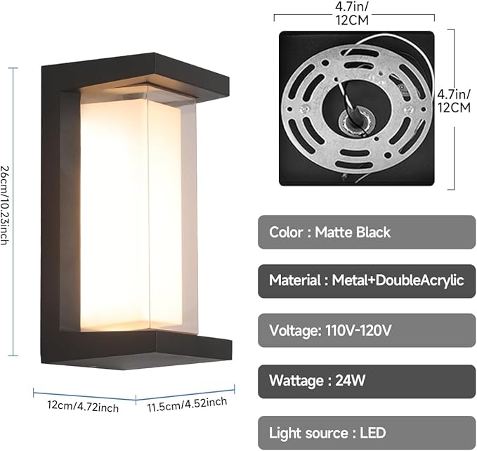 24W Outdoor Porch Light15%-100% Dimmable Outdoor Wall Lights3000K/4000K/6500K Adjustable Outdoor Modern Wall Sconce LightsWaterproof Exterior Wall Lighting2160LM Indoor Wall Sconce 4 Pack