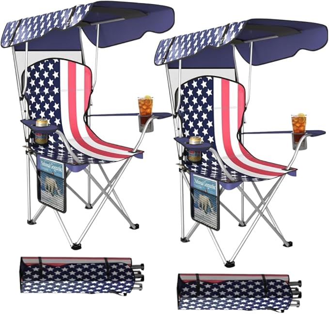 Portable Folding Camping Chairs with Canopy Shade Beach Chair for Adults Durable Weather Resistant 600D Oxford Cloth Camping Chair with Canopy for Outdoors [Flag-2 Pack]