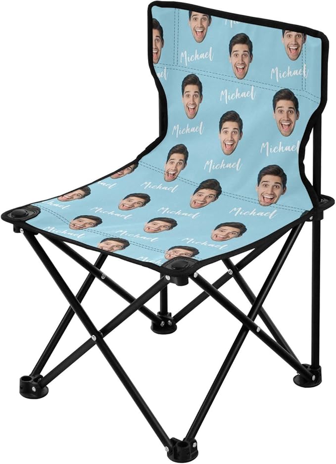 Sinestour Pale Blue Custom Photo Folding Camping Chair for Teen Child Personalized Name 14.6×14.6in Portable Outdoor Chair with Carry Bag for Beach Picnic Barbeques