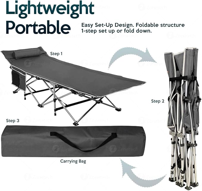 ZONETECH Folding Outdoor Travel Cot-Classic Grey Premium Quality Lightweight Portable Heavy Duty Adult and Kids Travel Cot with Large Pocket-Perfect for Hiking Camping and Outdoor Activity