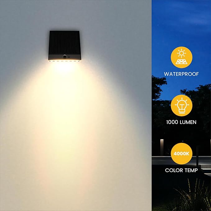 Solar Outdoor Lights 1000LM IP65 Waterproof Solar Flood Lights with 4 Modes 4000K Motion Sensor Solars Wall Light for House Number Porch Frontdoor Backyard