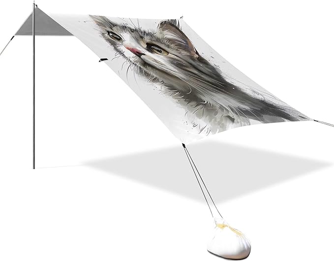 Cat Drawing Beach Tent Sun Shelter 9.2' x 10.5' Beach Canopy with 4 Sandbags 4 Stability Poles Sand Shovels - Tent Canopy for Beach Camping Fishing Picnics