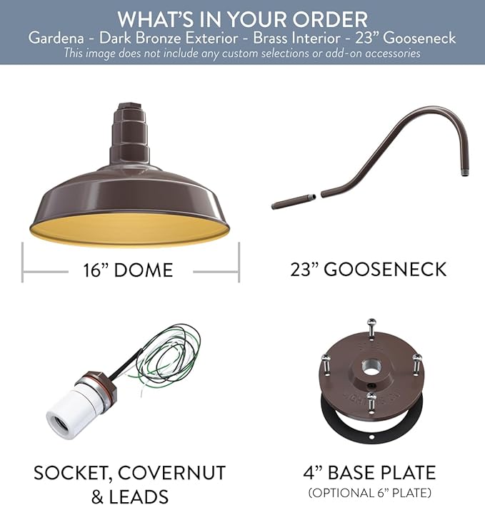 Steel Lighting Co. Gardena Barn Light | Outdoor Wall Mounted | 16 Dome | 23 Gooseneck | Farmhouse Light Made in America | Dark Bronze Exterior/Brass Interior