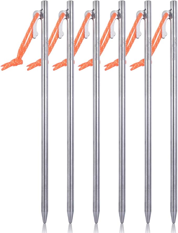 iBasingo 6-Pack Titanium Tent Stakes 20/24/30/35/40cm with Reflective Ropes Ultralight Backpacking Stakes for Camping Hiking Picnic Corrosion-Resistant &amp Durable Ground Pegs Ti4012P